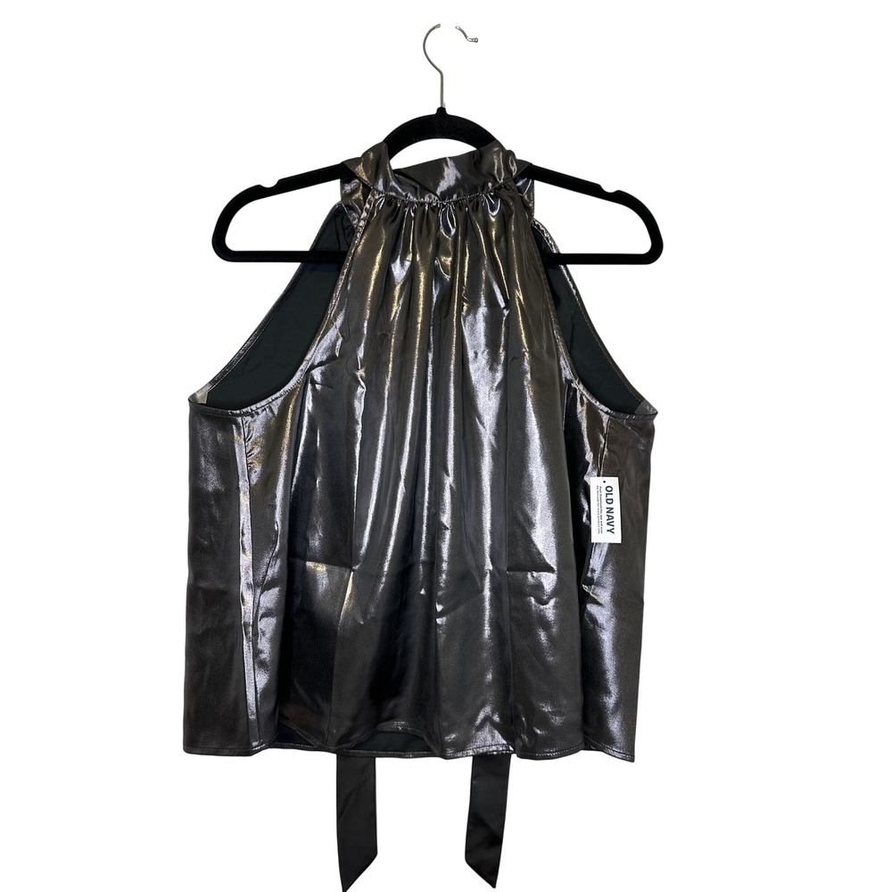 Old Navy Metallic Halter Neck Tie Back Top Women L Silver Shiny NWT‎